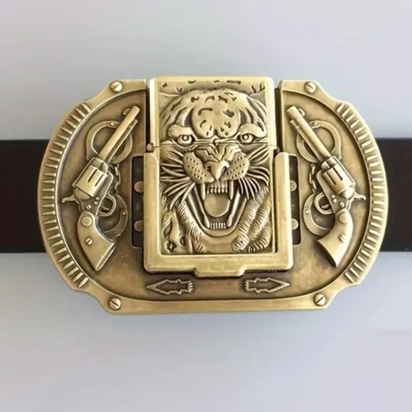 Silver or gold Tiger revolver pistol lighter belt buckle